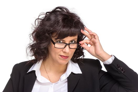 Portrait of mature woman smiling, wearing glasses, isolated on white, looking at camera. looking at camera.