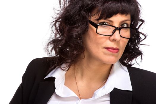 Portrait of mature woman smiling, wearing glasses, isolated on white, looking at camera. looking at camera.