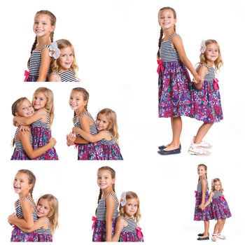 Collage of images two beautiful little girls happy smiling on studio. Isolated white background