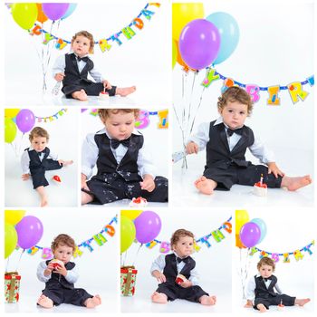 Collage of images babies' first birthday one year old with colorful balloons. Isolated over white.