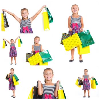 Collage of images shopping little girl happy smiling holding shopping bags isolated on white background.