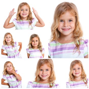 Collage of images beautiful little girl happy smiling on studio. Isolated white background