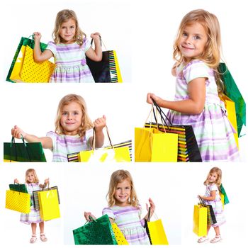 Collage of images shopping little girl happy smiling holding shopping bags isolated on white background.