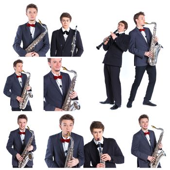 Collage of images portrait of a young mans in a suit playing on saxophone and clarinet. Isolated on background