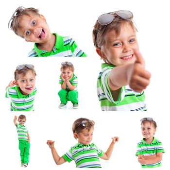 Collage of images of a boy with sunglasses and wearing green clothing. Isolated on white background