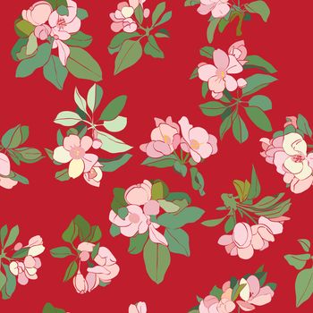 Apple tree cartoon flowers decorative pattern, spring hand drawn illustration over a red background