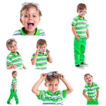 Collage of images of a boy with sunglasses and wearing green clothing. Isolated on white background