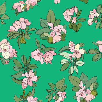Apple tree cartoon flowers pattern, spring hand drawn illustration over a green background