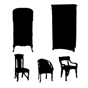 Art Nouveau furniture silhouettes isolated on white