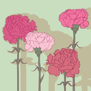 Carnations card, hand drawn illustration of four cartoon flowers with shadow over a fresh mint green background