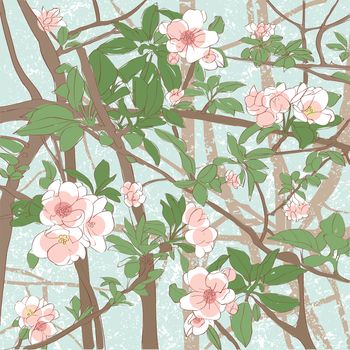 Apple tree flower hand drawn illustration, cartoon composition over a grungy background