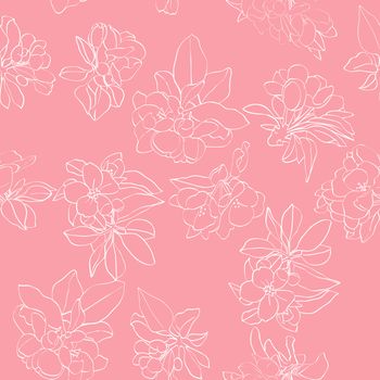 Apple tree flowers stencil pattern, hand drawn illustration over a pink background