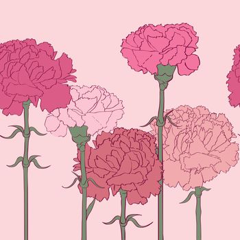 Pink carnations linear pattern over, hand drawn cartoon illustration with beautiful flowers