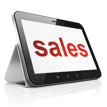 Marketing concept: black tablet pc computer with text Sales on display. Modern portable touch pad on White background, 3d render