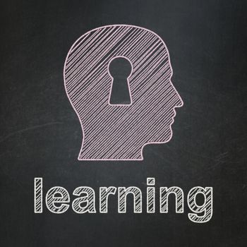 Education concept: Head With Keyhole icon and text Learning on Black chalkboard background, 3d render