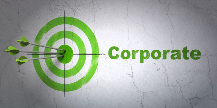Success business concept: arrows hitting the center of target, Green Corporate on wall background, 3d render