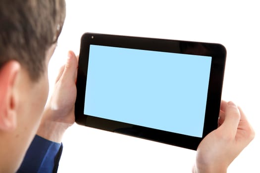 Person holding Tablet Computer with Empty screen Isolated on the White Background