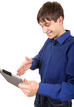 Cheerful Teenager with Tablet Computer on the White Background