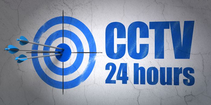 Success security concept: arrows hitting the center of target, Blue CCTV 24 hours on wall background, 3d render