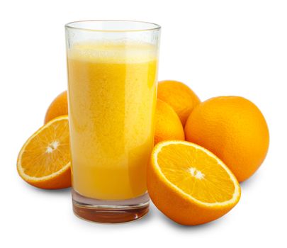 Orange juice and slices isolated on white