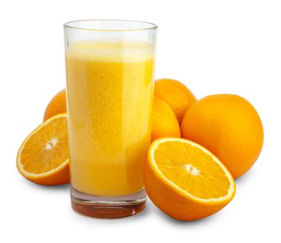 Orange juice and slices isolated on white