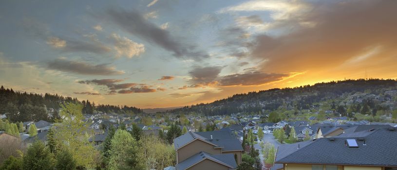 Sunset Over Happy Valley Oregon Suburb Neighborhood Homes Nestled in the Valley and the Hills Panorama