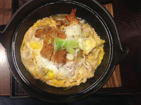the fried pork with egg in soup, tongkustu the japanese food