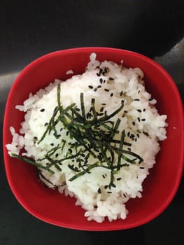 the bowl of japanese rice with seaweed