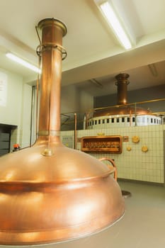 Boiling kettle and mash tun in the background. Brewery De Brabandere in Bavikhove, Belgium.