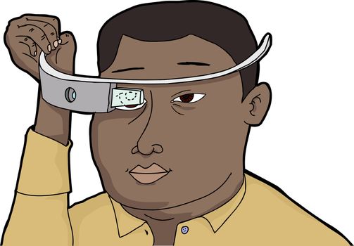 Black man fitting wearable technology glass device on head