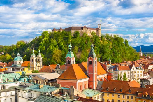 Panorama of the Slovenian capital Ljubljana at sunset.