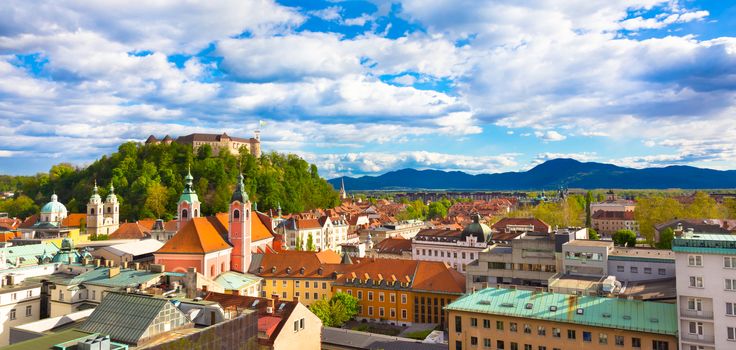 Panorama of the Slovenian capital Ljubljana at sunset.