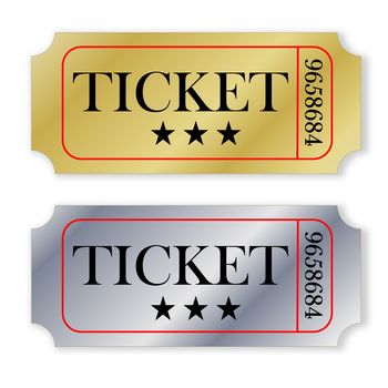 Two golden and silver tickets isolated in white background