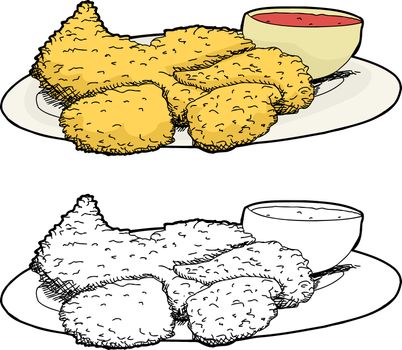 Isolated cartoon plate of fried chicken and hot sauce