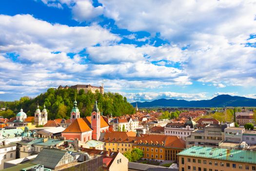 Panorama of the Slovenian capital Ljubljana at sunset.