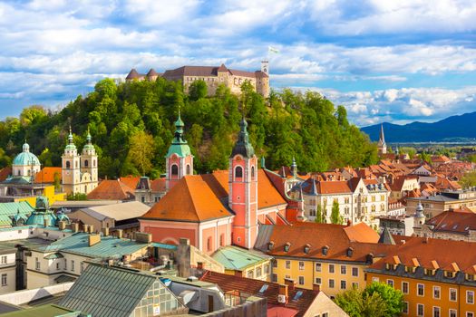 Panorama of the Slovenian capital Ljubljana at sunset.