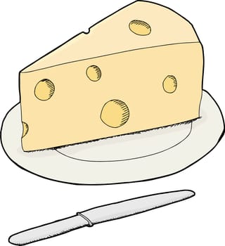 Isolated triangular chunk of swiss cheese with knife