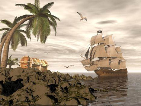 Pirate ship holding black Jolly Roger flag floating on the ocean toward and island showing treasure box by cloudy sunset with seagulls flying