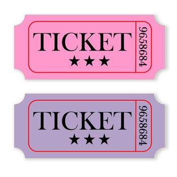 Two pink and violet vintage tickets isolated in white background