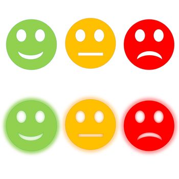 Circle happy to sad smileys, three with halos, in white background