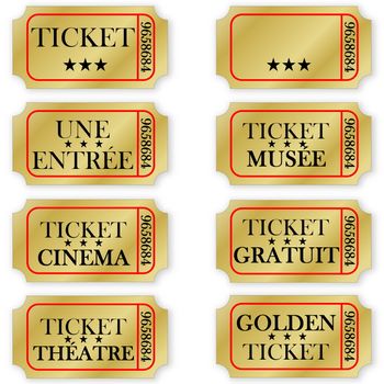 Set of french golden entertainment tickets in white background