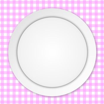 White empty plate over pink checkered tablecloth background