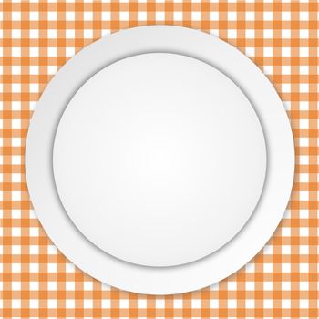 White empty plate over orange checkered tablecloth background