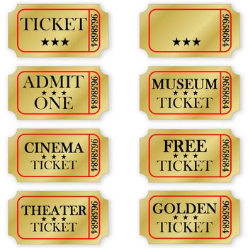 Various golden tickets isolated in white background