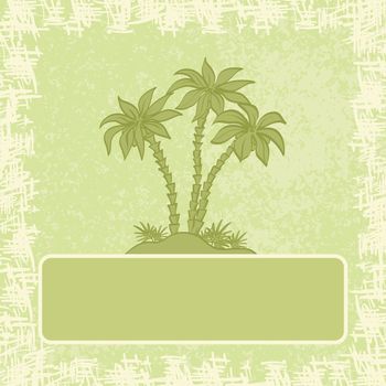 Exotic background, green palm silhouette, frame and grunge pattern.