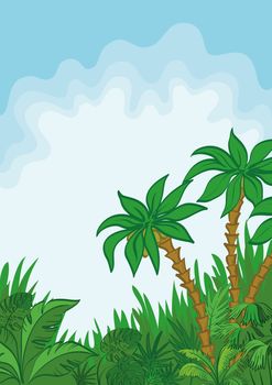 Exotic landscape, jungle, palm tree, plants and blue sky with white clouds.