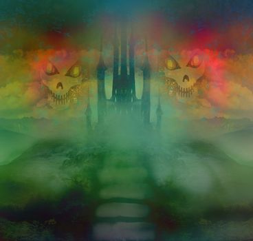 Halloween terrible illustration with a ghost in front of a haunted house.
