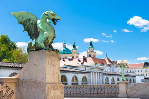 Famous Dragon bridge (Zmajski most), symbol of Ljubljana, capital of Slovenia, Europe.