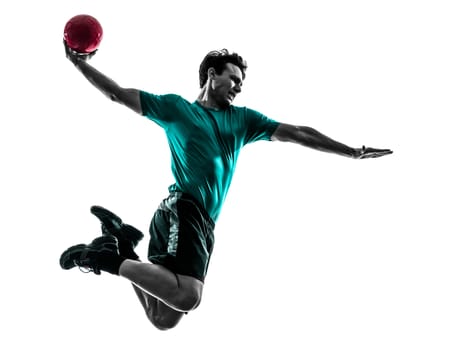 one  young man exercising handball player in silhouette studio on white background