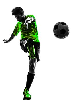 one soccer football player young man kicking in silhouette studio on white background